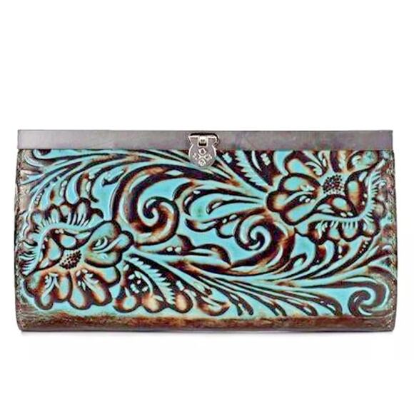 Patricia‎ Nash NWT CAUCHY Wallet Italian Leather Tooled Turquoise Brown NEW - Picture 1 of 12